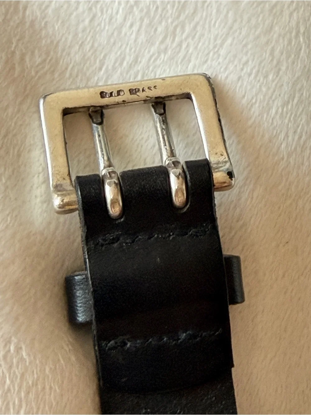 Vintage Black Leather Double Prong Grommet Belt Solid Brass Buckle 36.5”